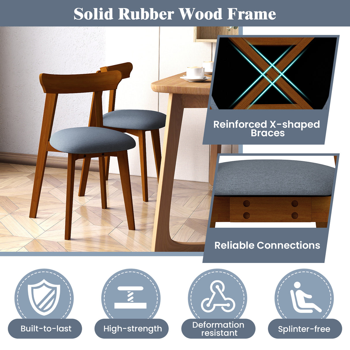 Mid-Century Modern Kitchen Chairs with Rubber Wood Frame and Padded Seat-Walunt