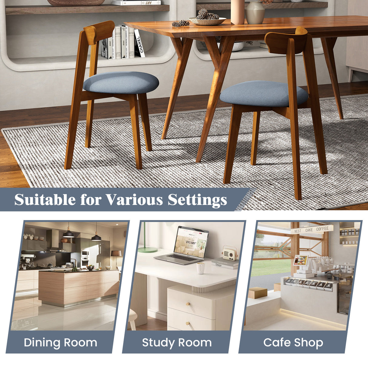 Mid-Century Modern Kitchen Chairs with Rubber Wood Frame and Padded Seat-Walunt