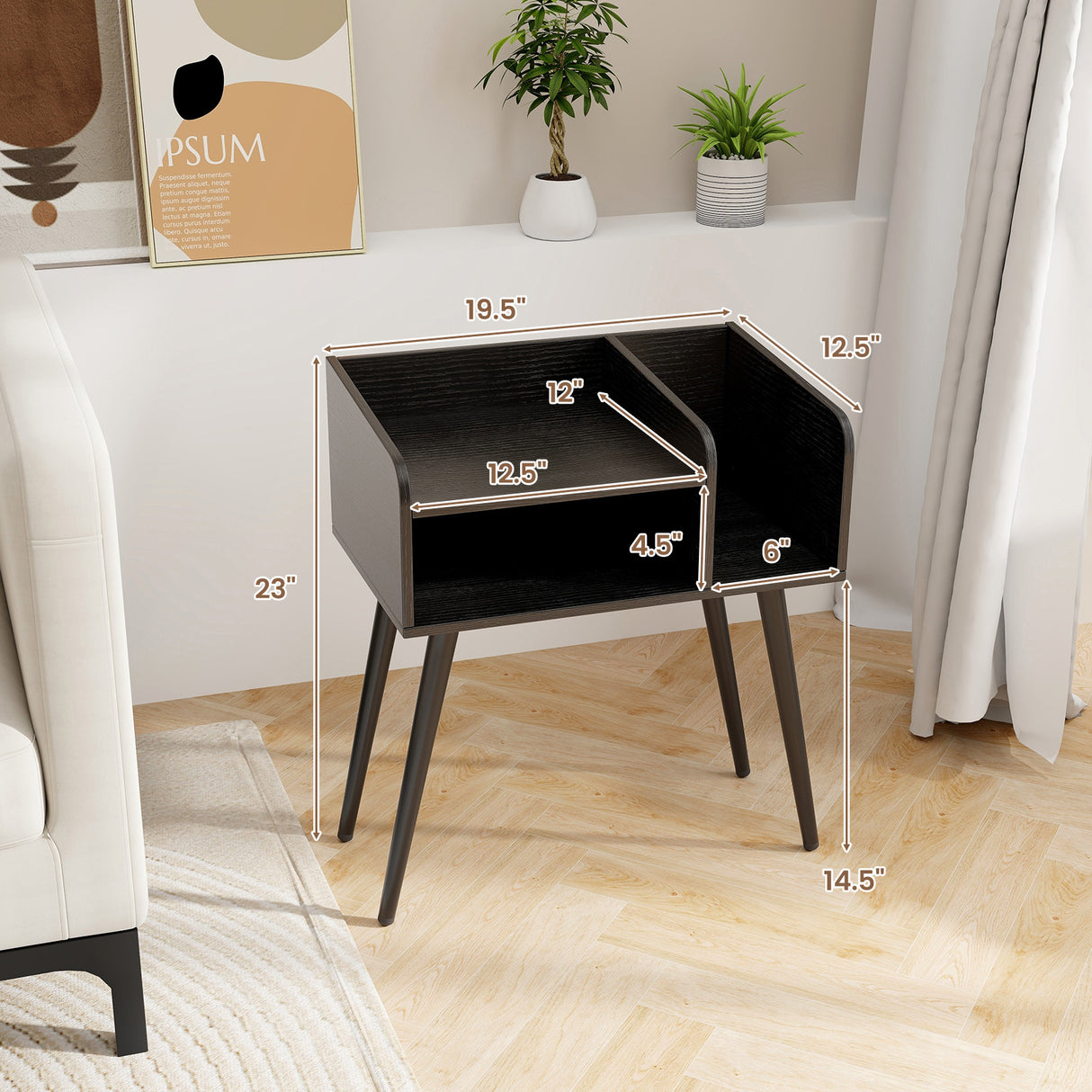 Mid Century Modern Nightstand  with Open Shelves
