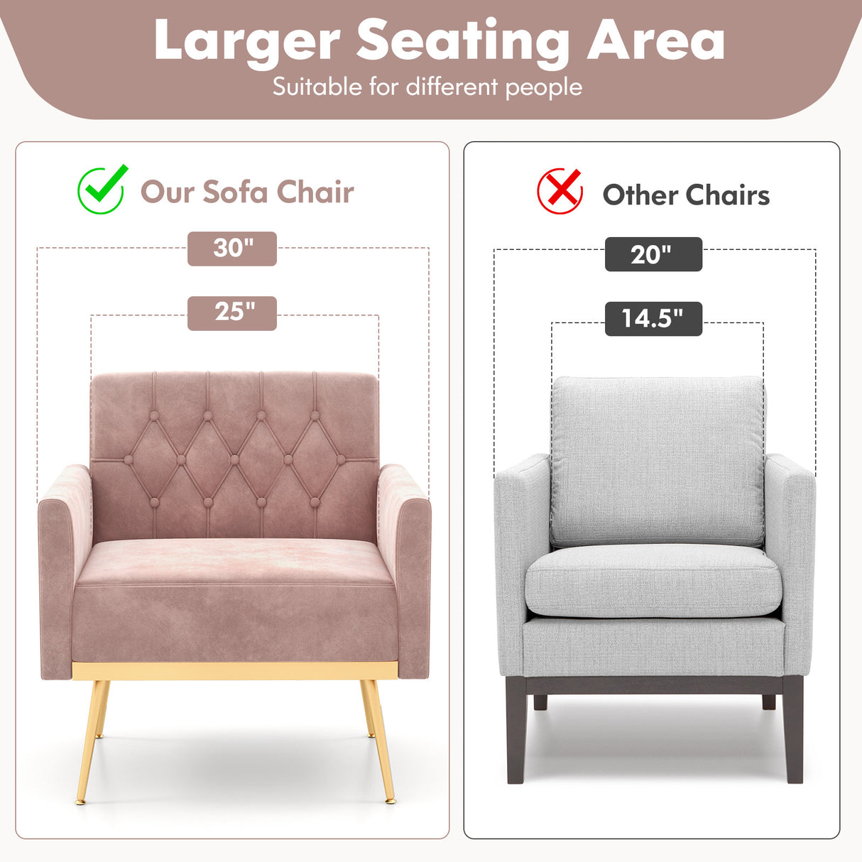 Modern Velvet Accent Chair with Button Tufted Back Golden Metal Legs and Adjustable Foot Pads