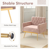 Modern Velvet Accent Chair with Button Tufted Back Golden Metal Legs and Adjustable Foot Pads