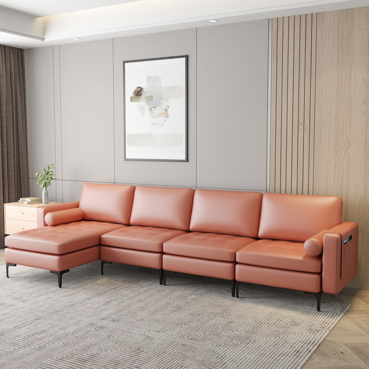Modular L-shaped 4-Seat Sectional Sofa with Reversible Chaise and 2 USB Socket