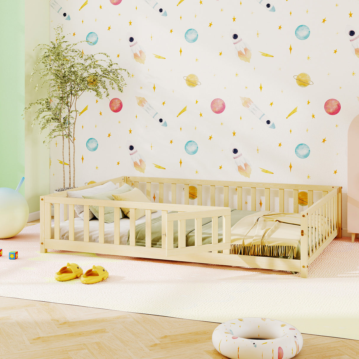 Montessori Bed Frame with Full-length Guardrails Safety Door and Latch