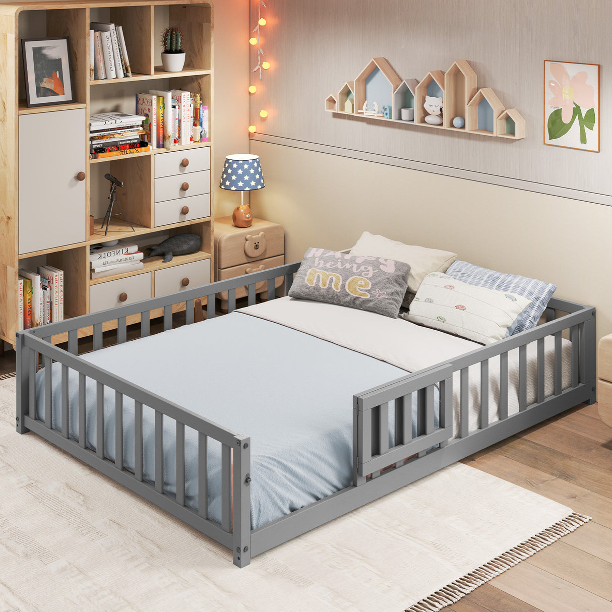 Montessori Bed Frame with Full-length Guardrails Safety Door and Latch