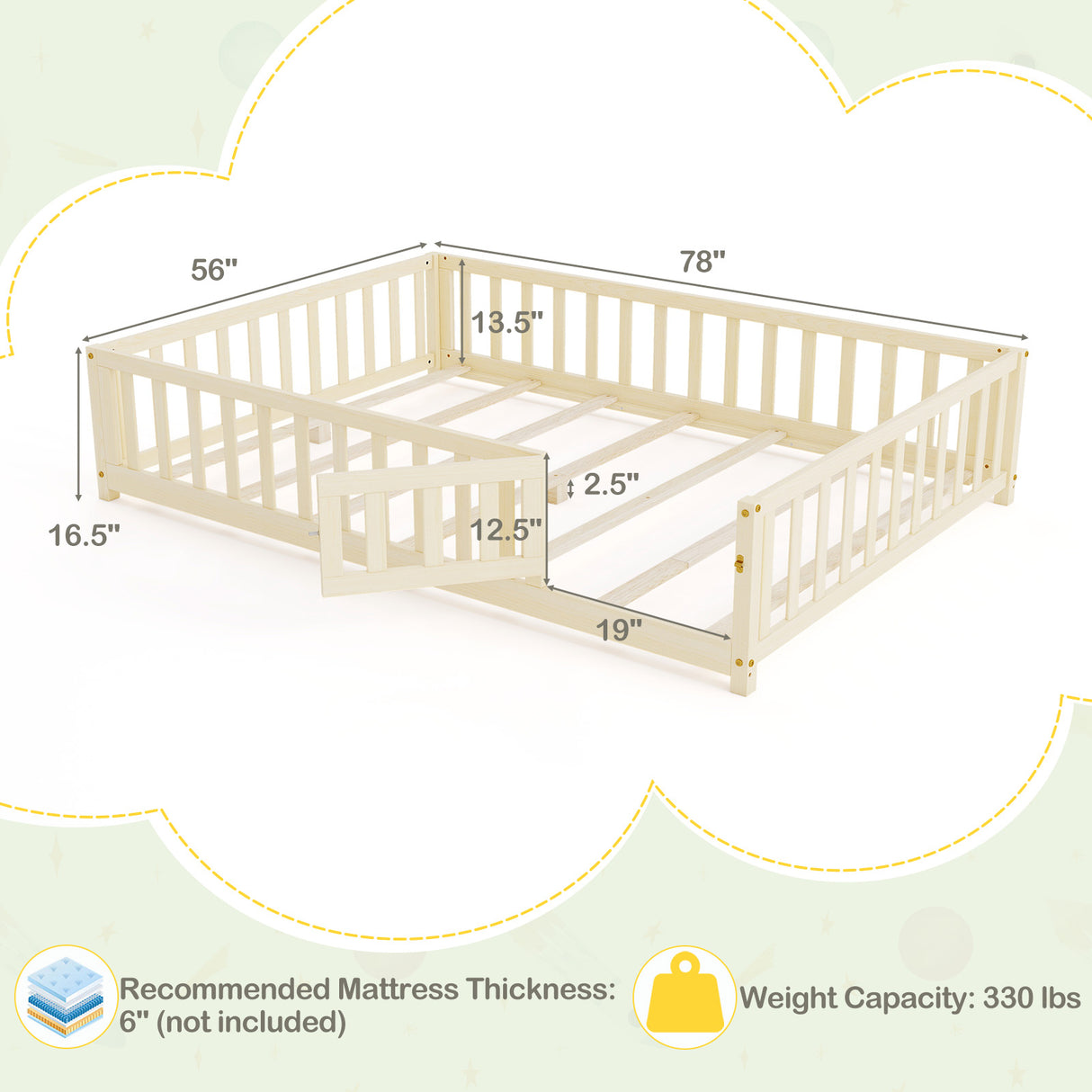 Montessori Bed Frame with Full-length Guardrails Safety Door and Latch