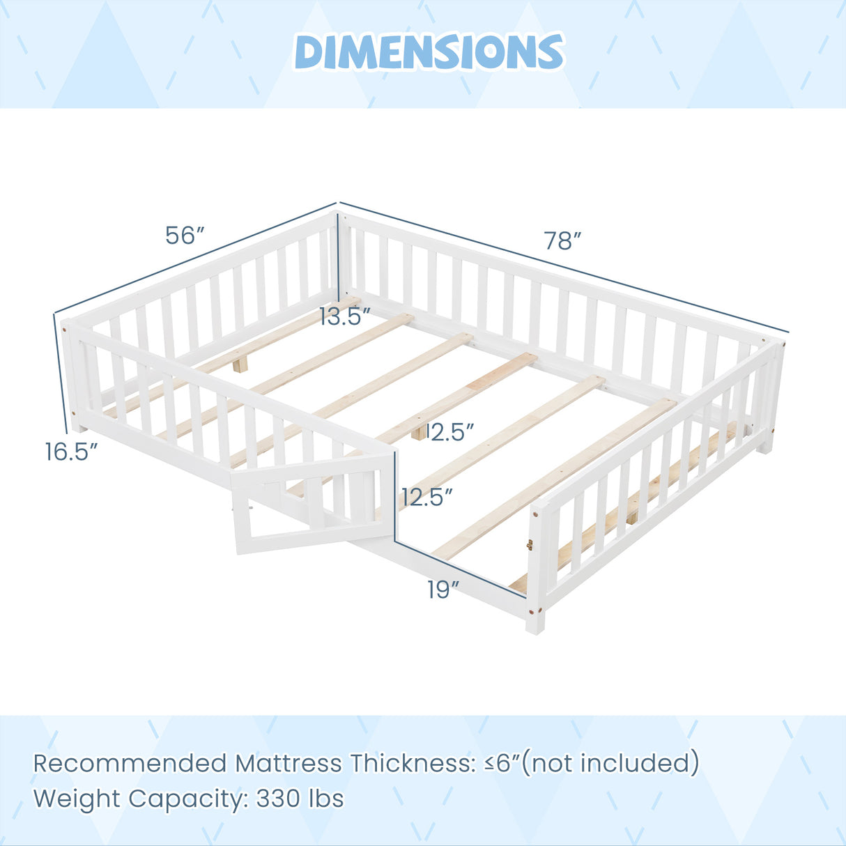 Montessori Bed Frame with Full-length Guardrails Safety Door and Latch