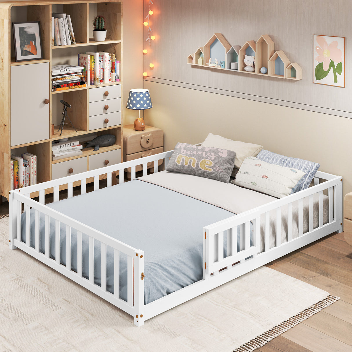 Montessori Bed Frame with Full-length Guardrails Safety Door and Latch