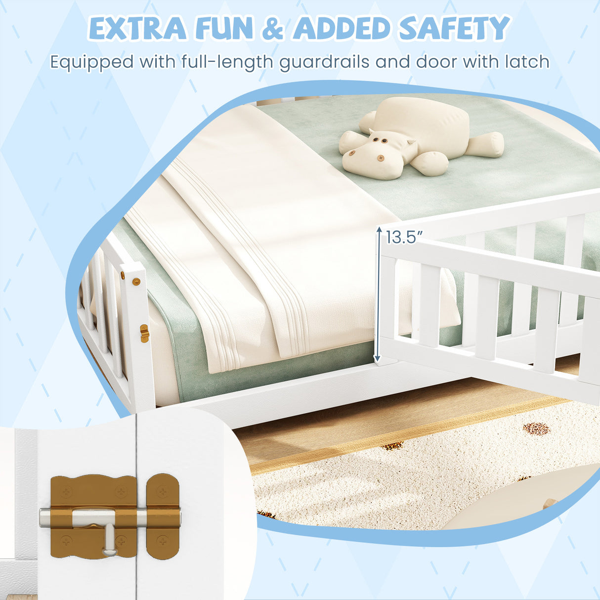 Montessori Bed Frame with Full-length Guardrails Safety Door and Latch