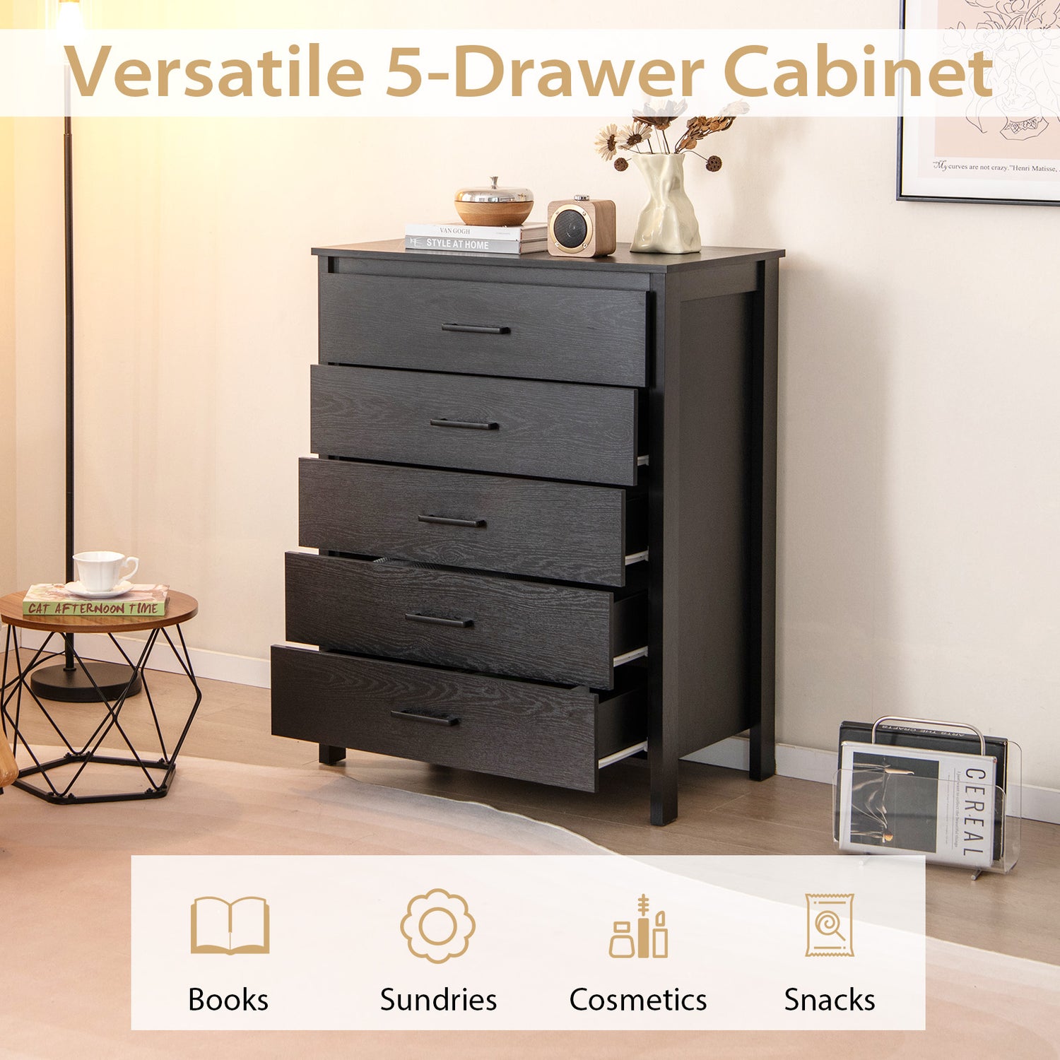 Modern 5-Drawer Multipurpose Chest Dresser with Metal Handles