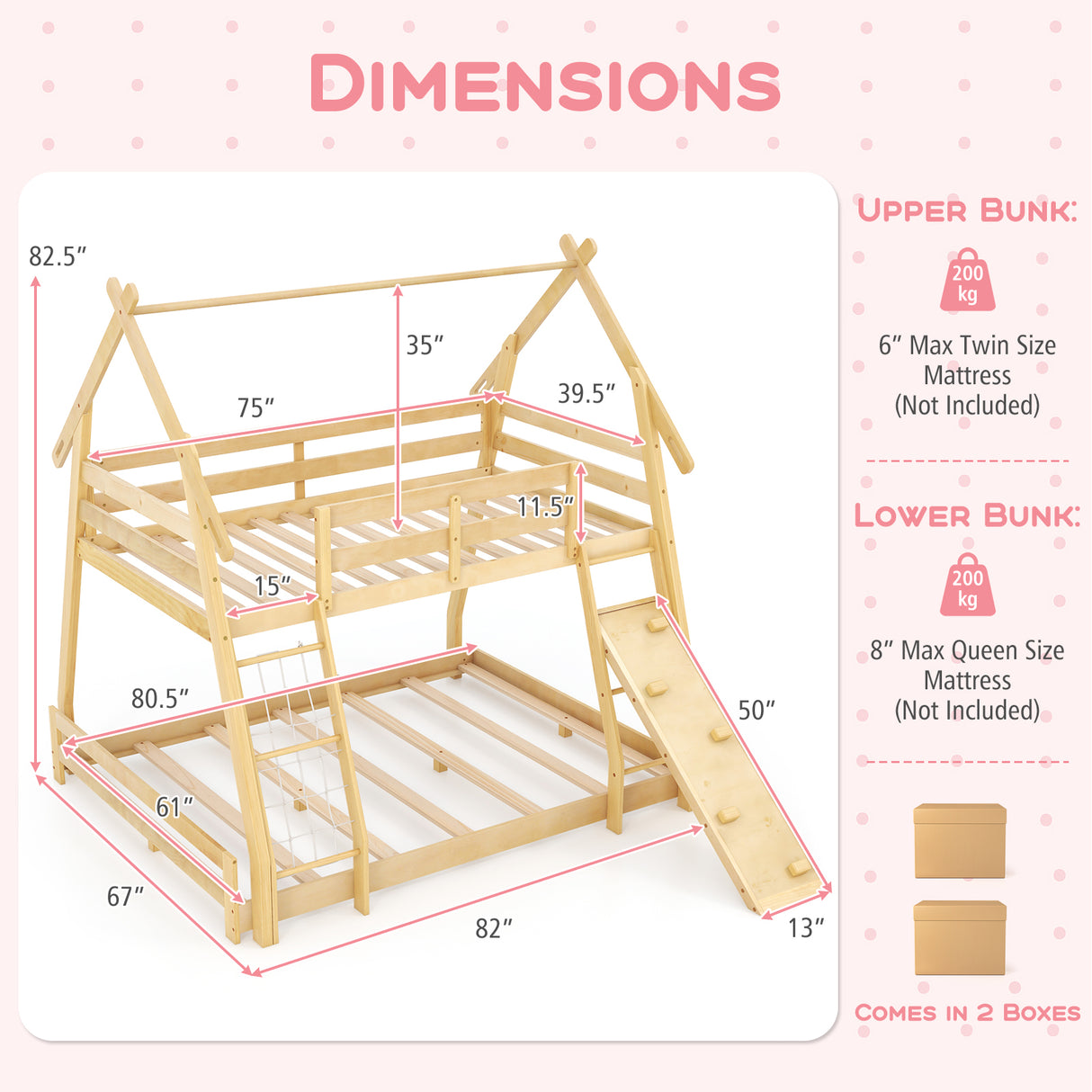 Twin Over Queen Bunk Bed Wooden Kids Bed with Climbing Nets and Ramp