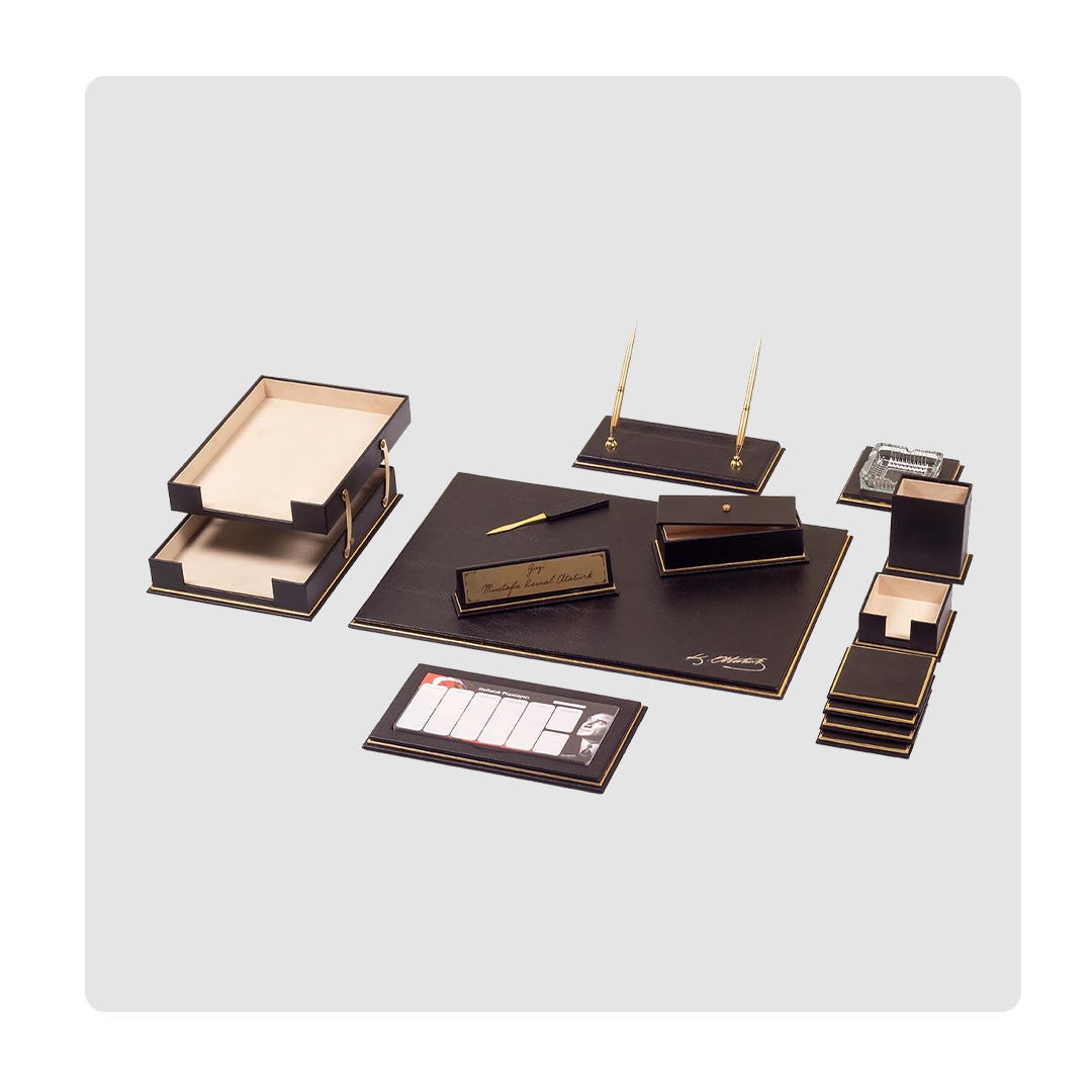 Leather Desk Set - Leather Organizer Desk Set - Walnut Wood Desk Set -  Office Product - Desk Accessories Set - 11 PCS (Black) 