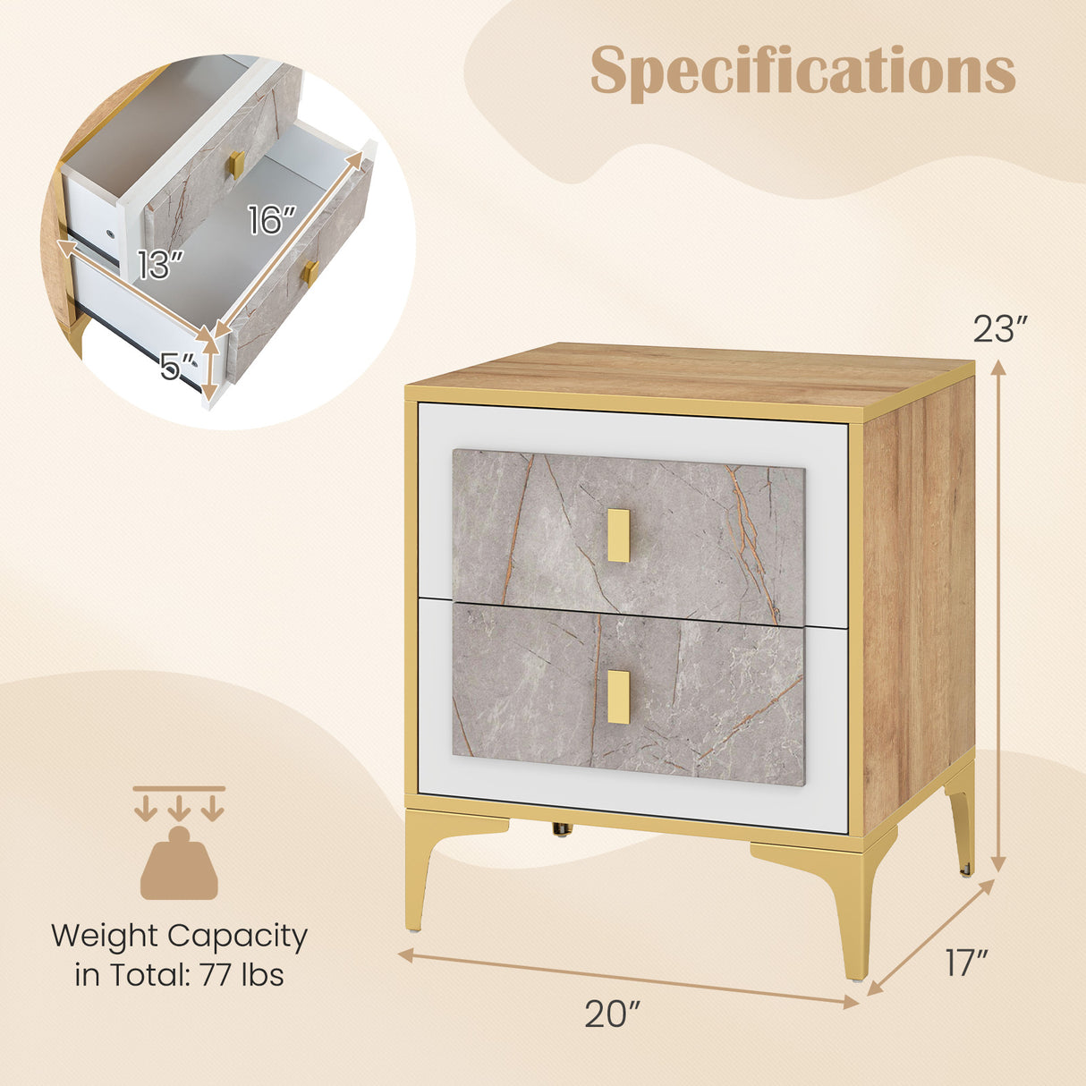 Nightstand with 2 Pull-out Drawers for Living Room Bedroom