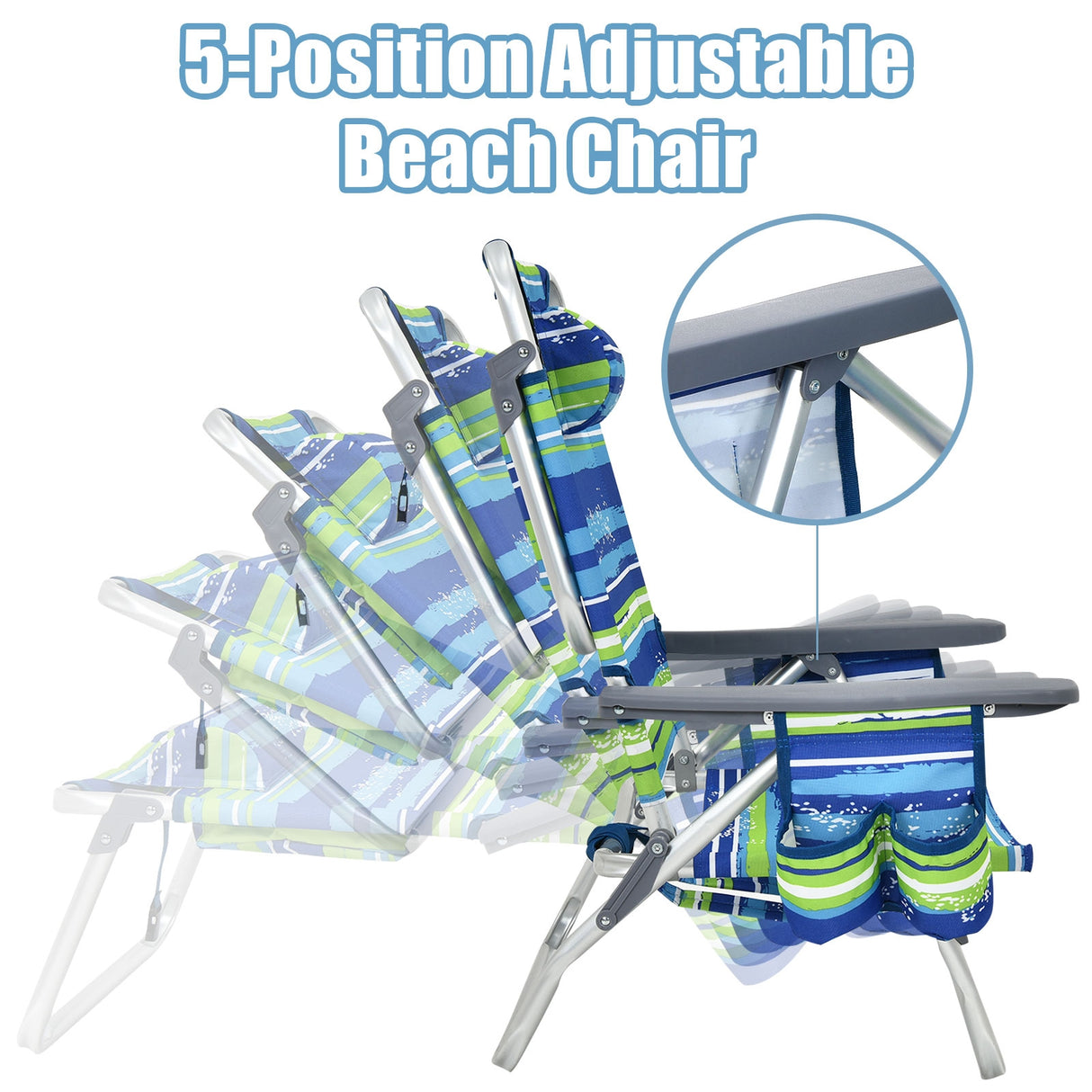 2-Pack Folding Backpack Beach Chair 5-Position Outdoor Reclining Chairs with Pillow
