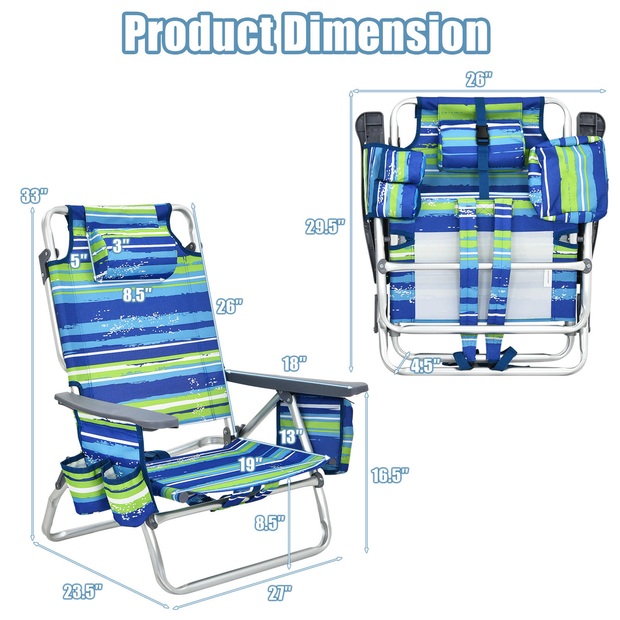2-Pack Folding Backpack Beach Chair 5-Position Outdoor Reclining Chairs with Pillow