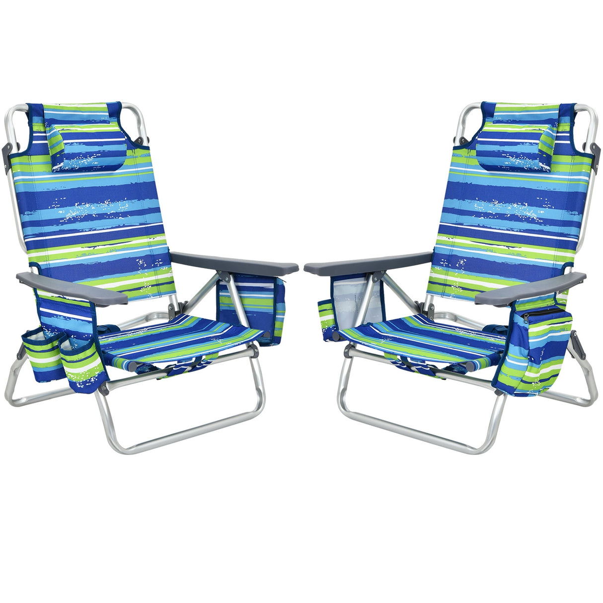 2-Pack Folding Backpack Beach Chair 5-Position Outdoor Reclining Chairs with Pillow