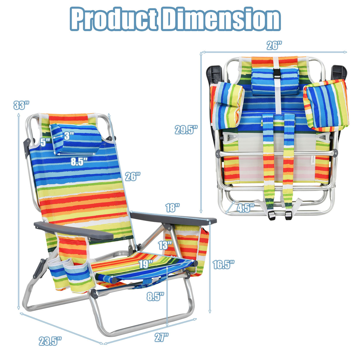 2-Pack Folding Backpack Beach Chair 5-Position Outdoor Reclining Chairs with Pillow