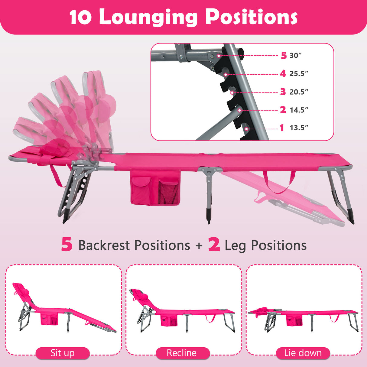 Folding Beach Lounge Chair with Pillow for Outdoor