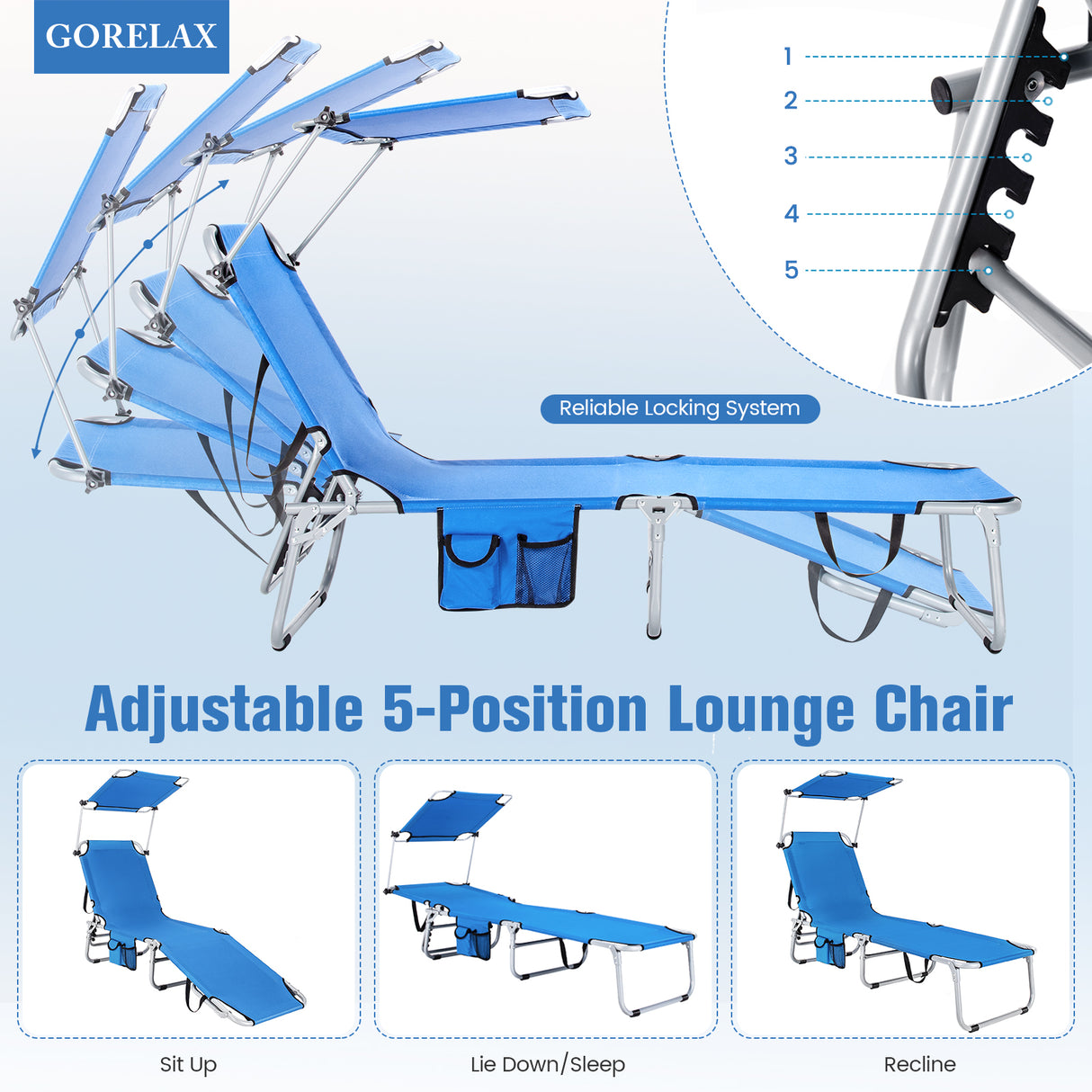 Adjustable Outdoor Beach Patio Pool Recliner with Sun Shade