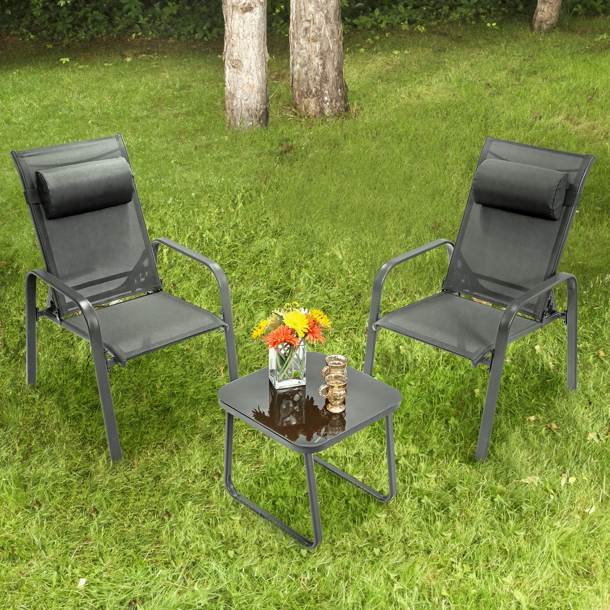 3 Pieces Patio Bistro Furniture Set with Adjustable Backrest