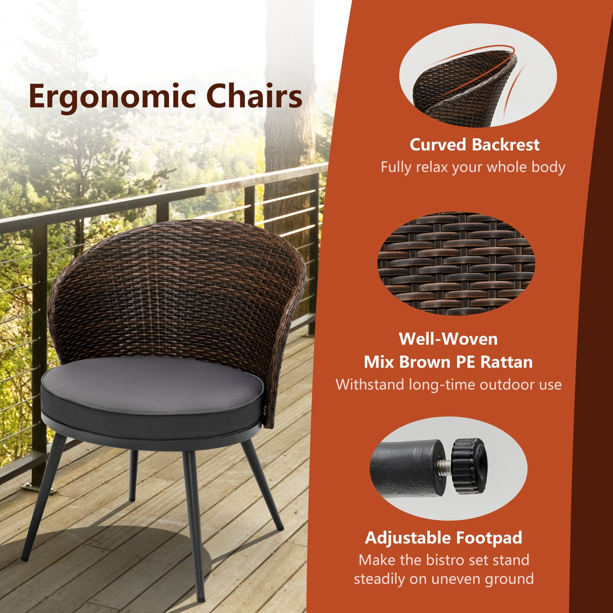 3 Pieces Patio Rattan Bistro Set with 2 Seat Cushions and Tempered Glass Tabletop-Brown