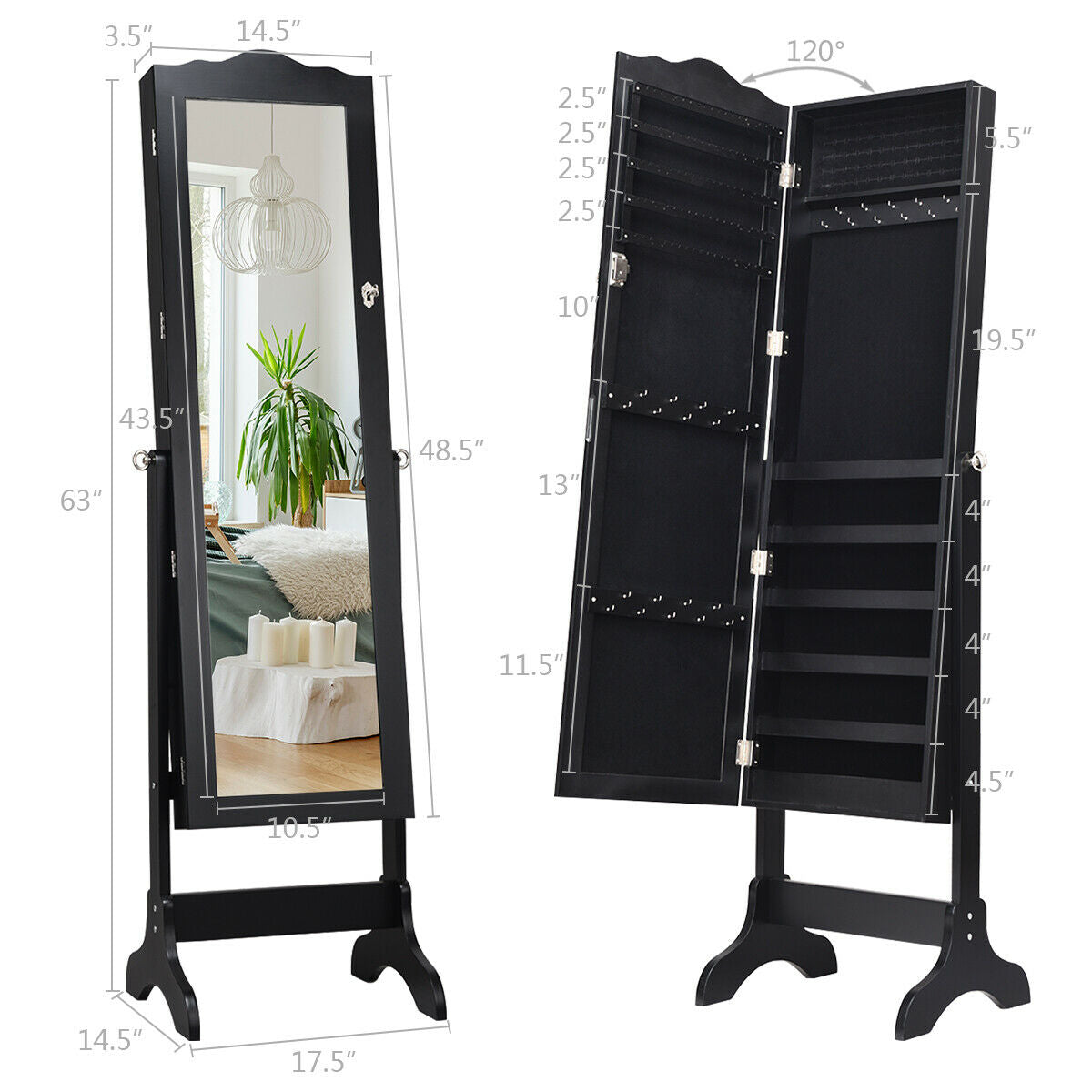 Mirrored Lockable Jewelry Cabinet Armoire Organizer Storage Box