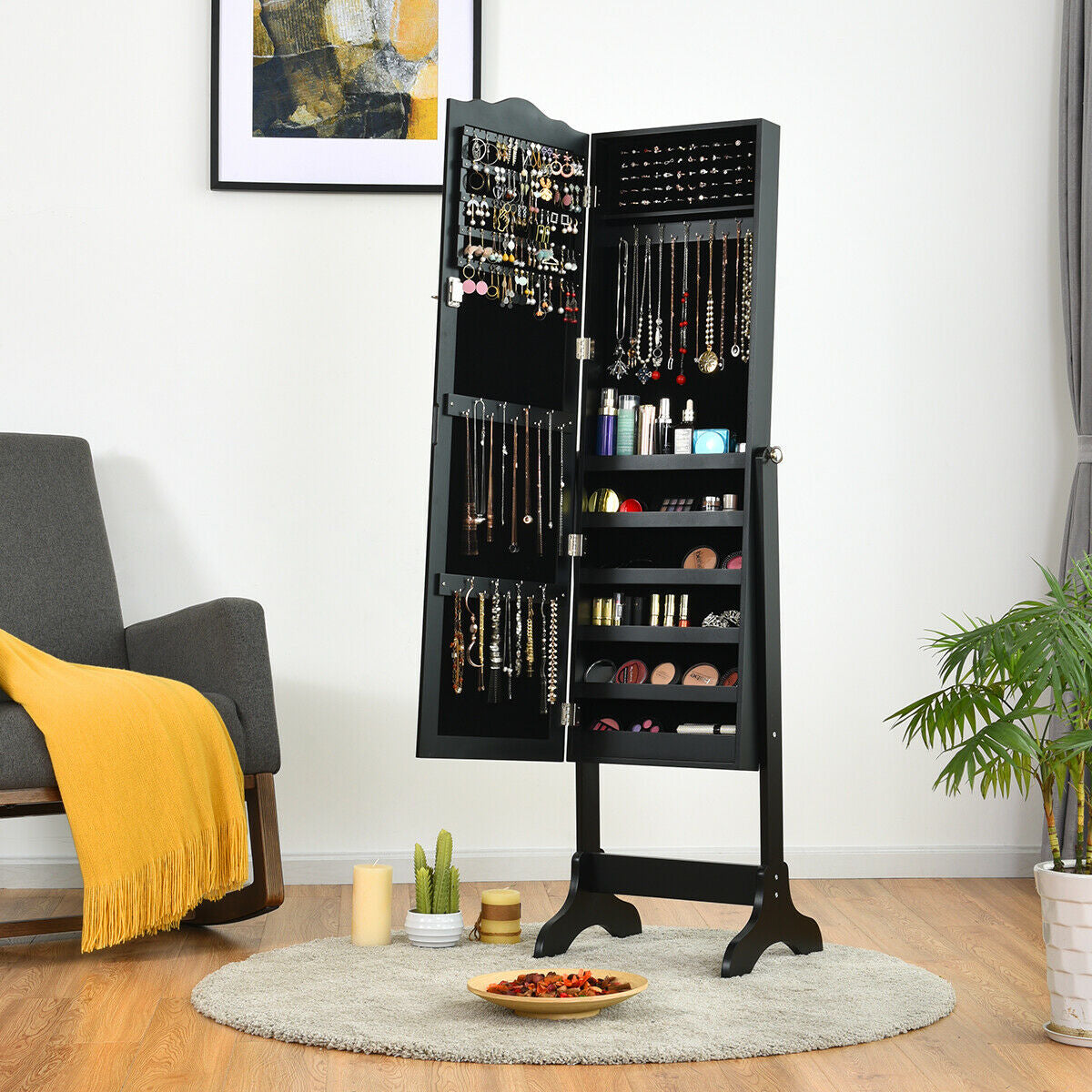 Mirrored Lockable Jewelry Cabinet Armoire Organizer Storage Box
