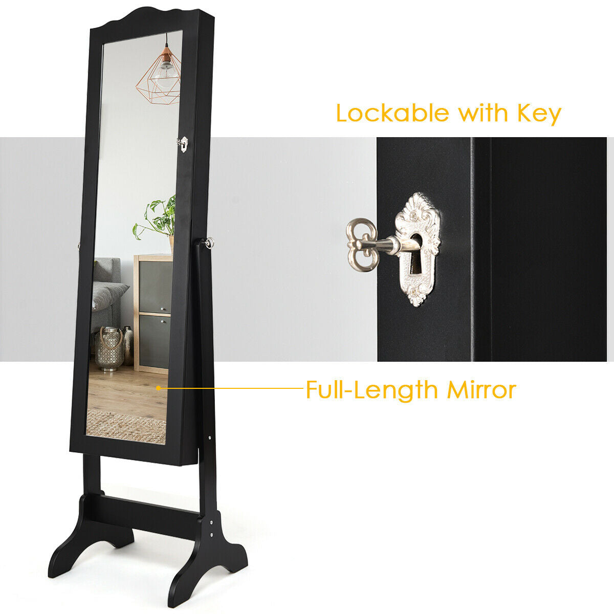 Mirrored Lockable Jewelry Cabinet Armoire Organizer Storage Box