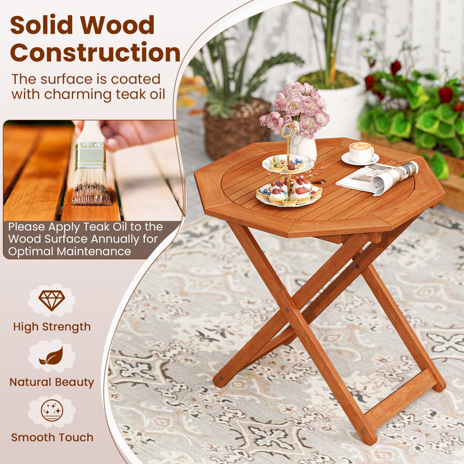 Octagon Folding Patio Table with 2 Inches Umbrella Hole