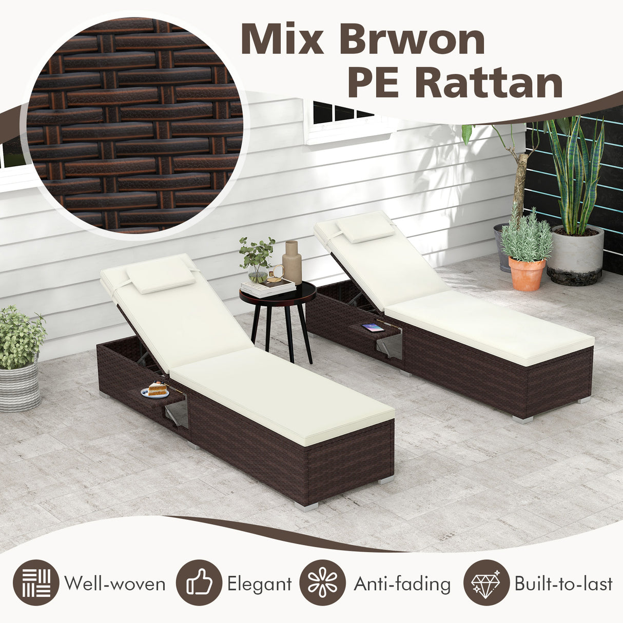 Patio Chaise Lounge Set of 2 with Backrest Seat Cushion and Headrest