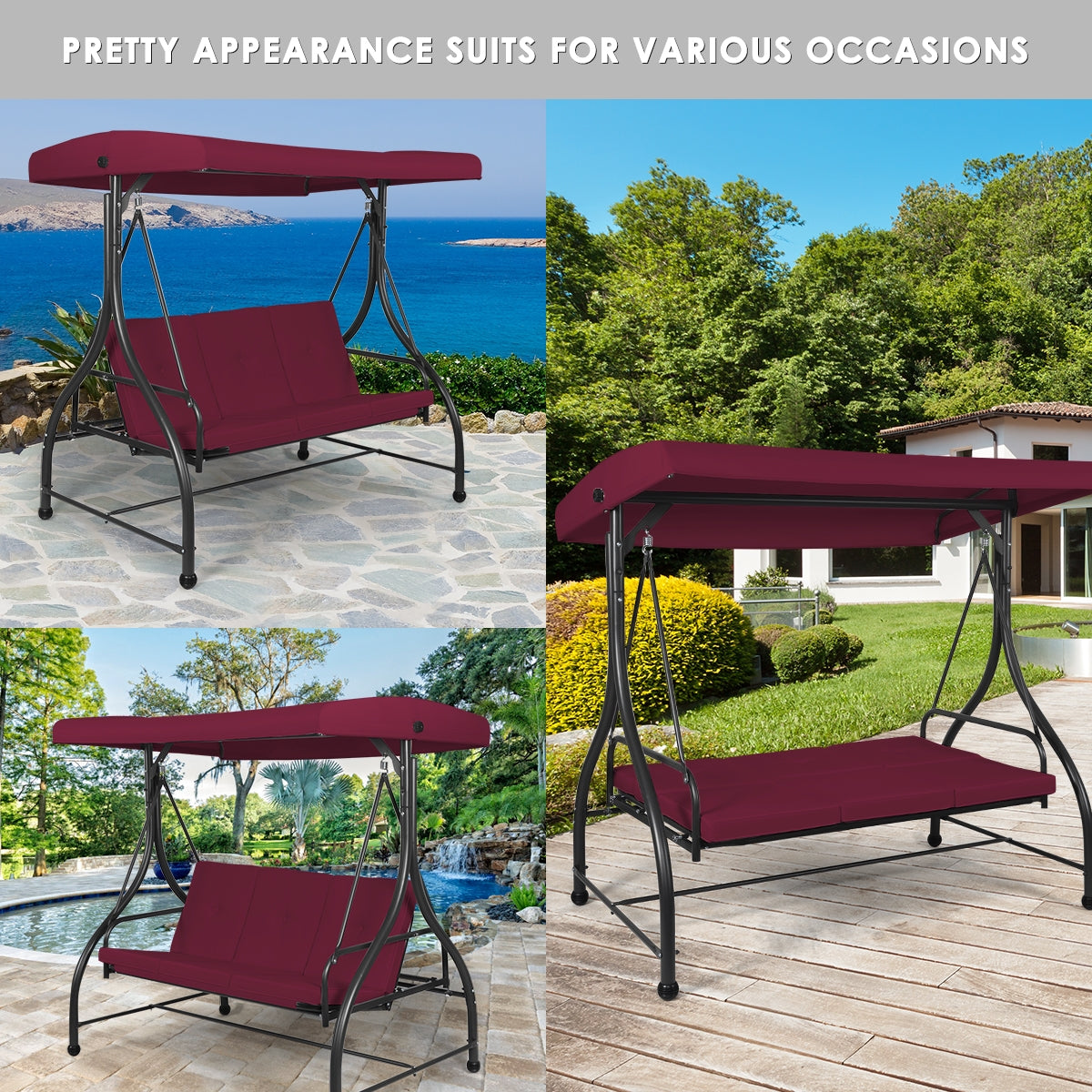 3 Seats Converting Outdoor Swing Canopy Hammock with Adjustable Tilt Canopy