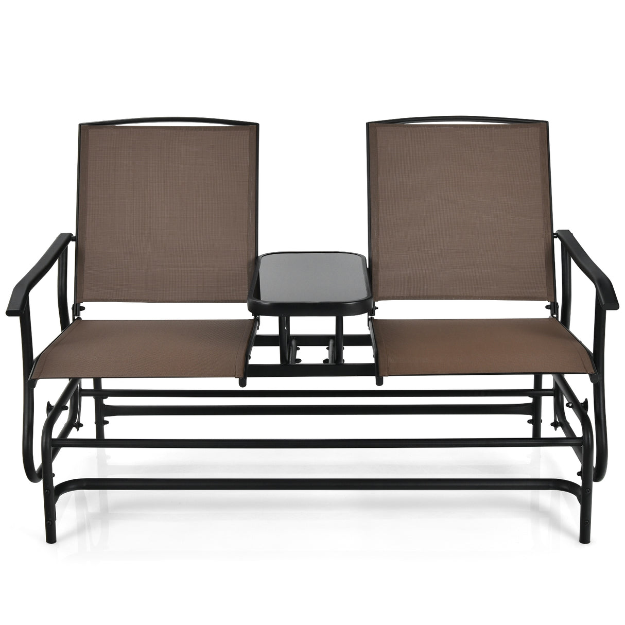 2-Person Rocking Loveseat with Mesh Fabric and Tempered Glass Table