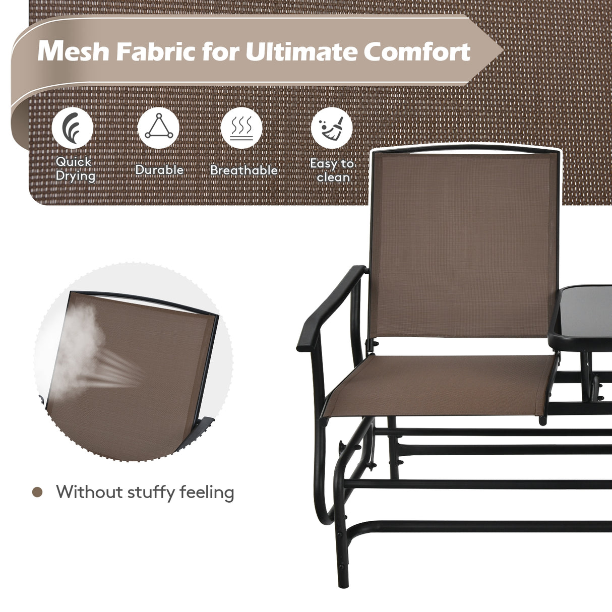 2-Person Rocking Loveseat with Mesh Fabric and Tempered Glass Table