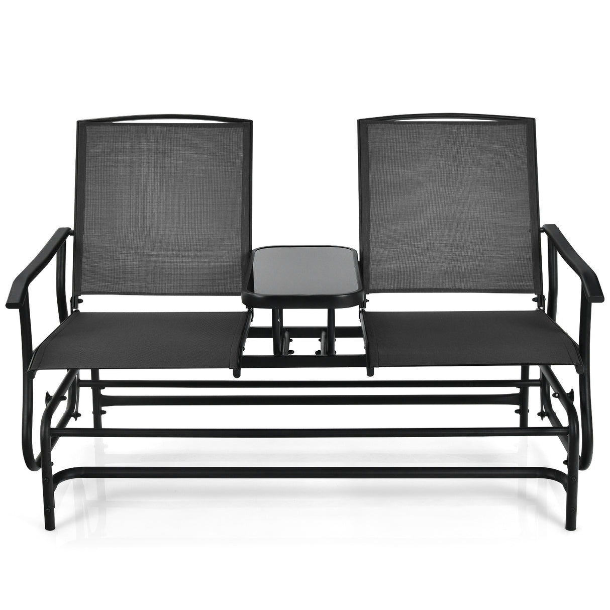 2-Person Rocking Loveseat with Mesh Fabric and Tempered Glass Table