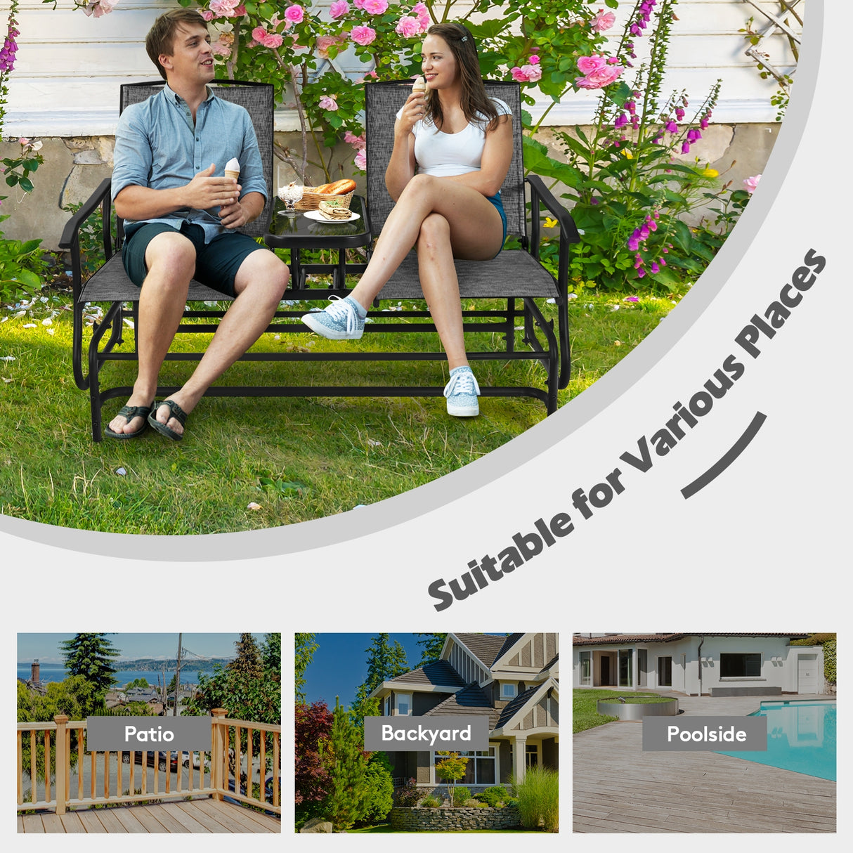 2-Person Rocking Loveseat with Mesh Fabric and Tempered Glass Table