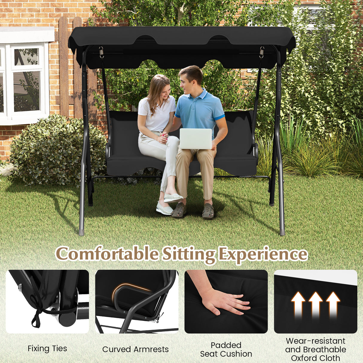 3 Seat Outdoor Patio Canopy Swing with Cushioned Steel Frame