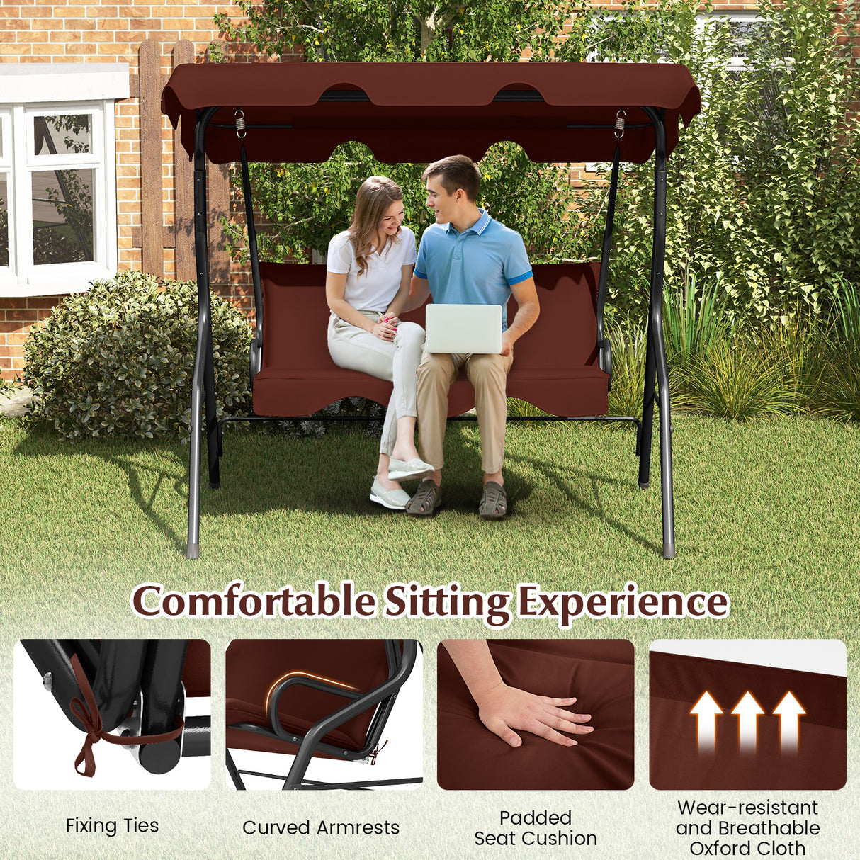 3 Seat Outdoor Patio Canopy Swing with Cushioned Steel Frame