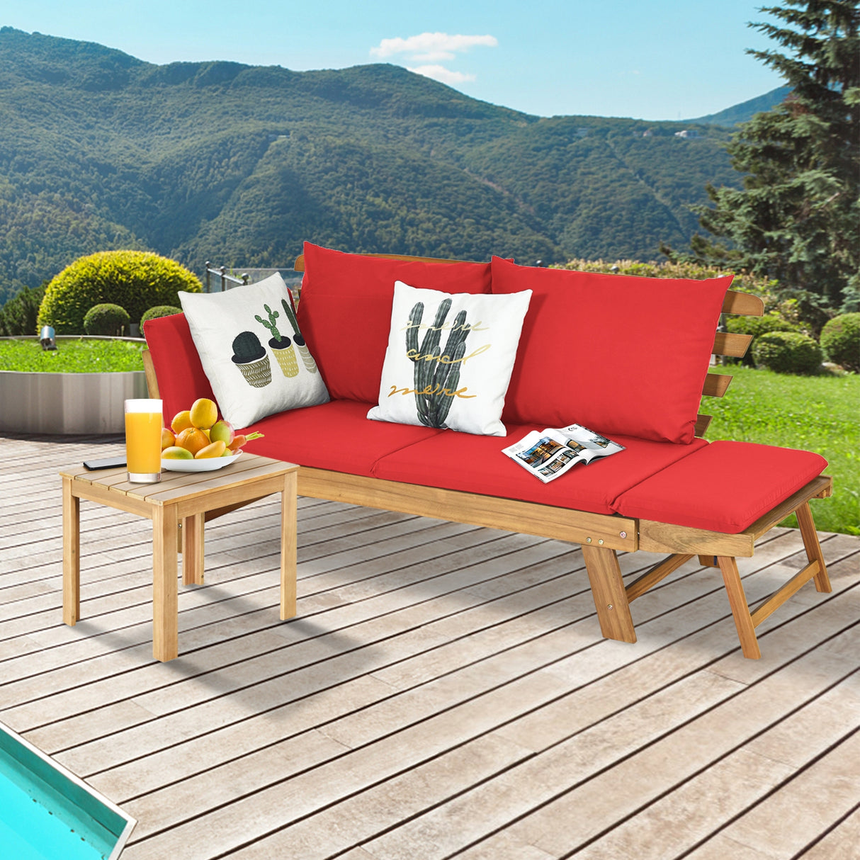 Patio Convertible Solid Wood Sofa with Cushion