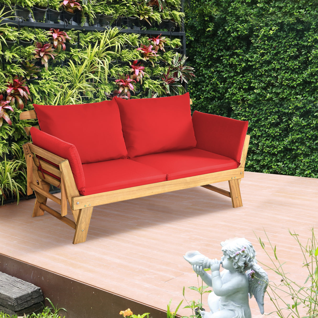 Patio Convertible Solid Wood Sofa with Cushion