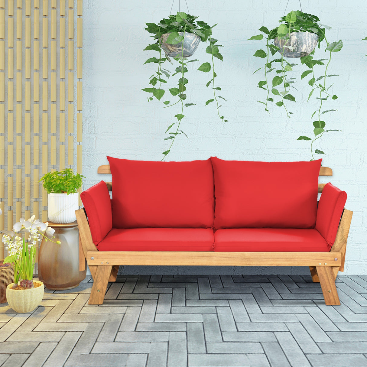 Patio Convertible Solid Wood Sofa with Cushion
