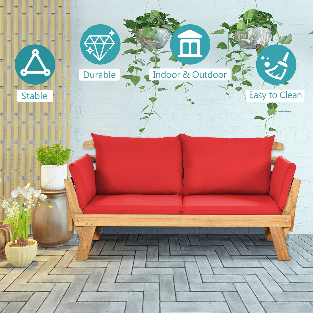 Patio Convertible Solid Wood Sofa with Cushion