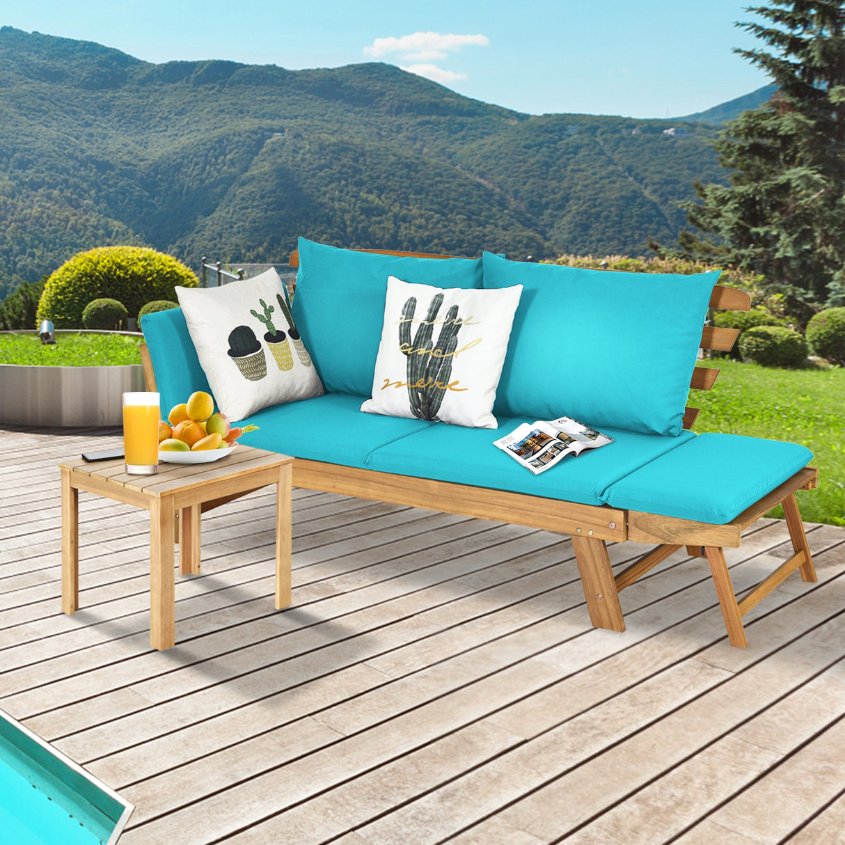 Patio Convertible Solid Wood Sofa with Cushion