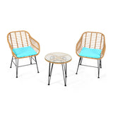 3 Pieces Rattan Furniture Set with Cushioned Chair Table