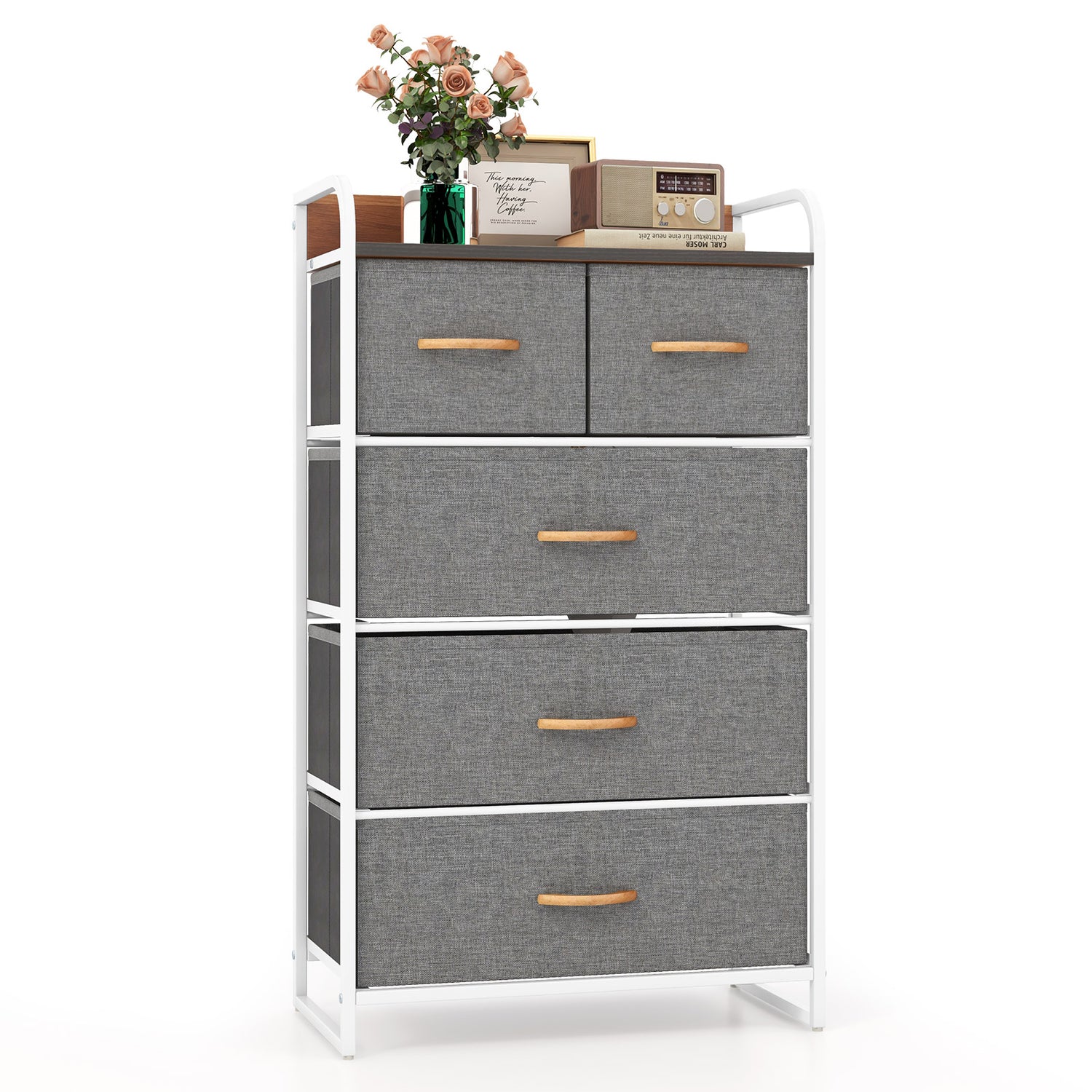 4-Tier Organizer Tower Steel Frame Wooden Top Storage with 5-Drawer Dresser