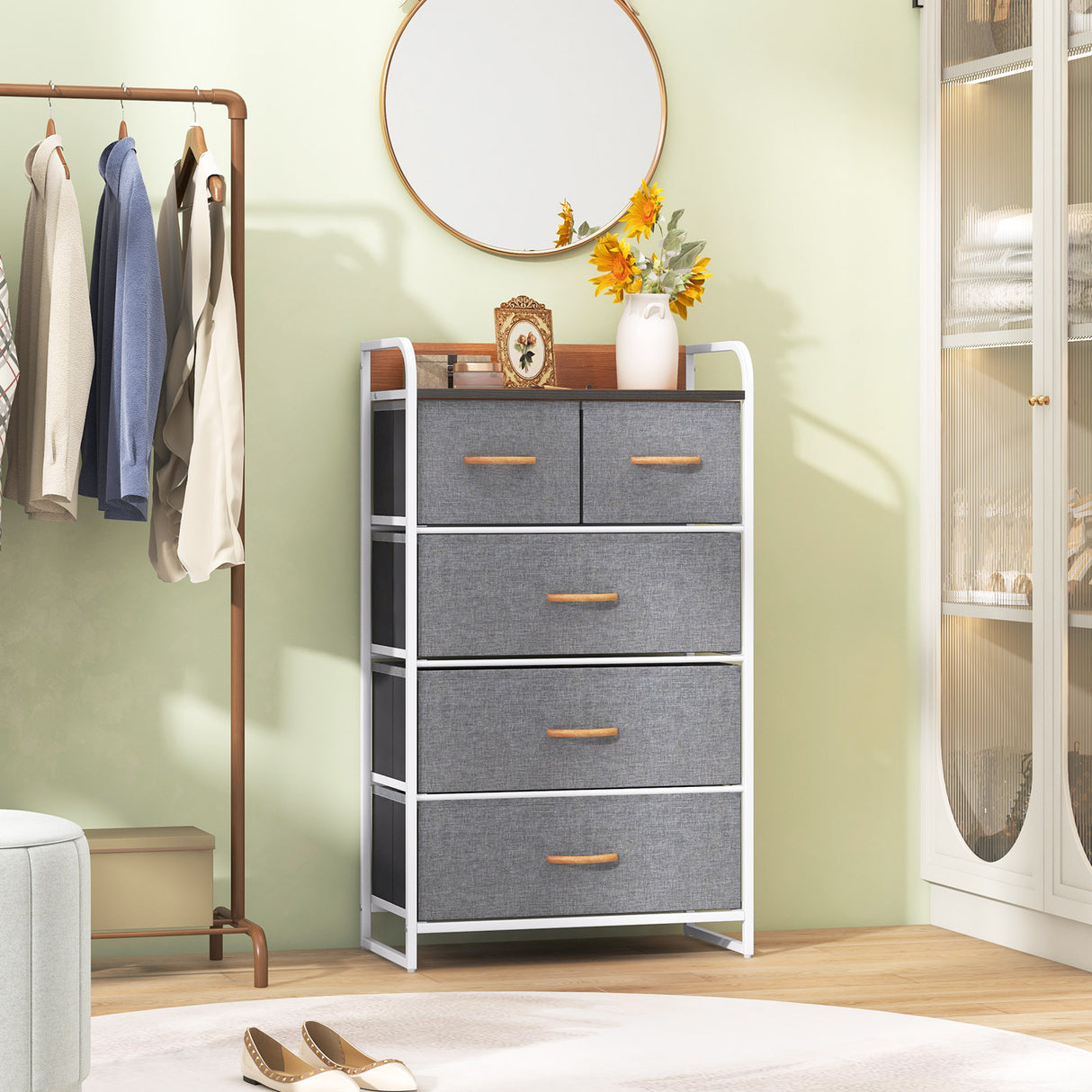 4-Tier Organizer Tower Steel Frame Wooden Top Storage with 5-Drawer Dresser