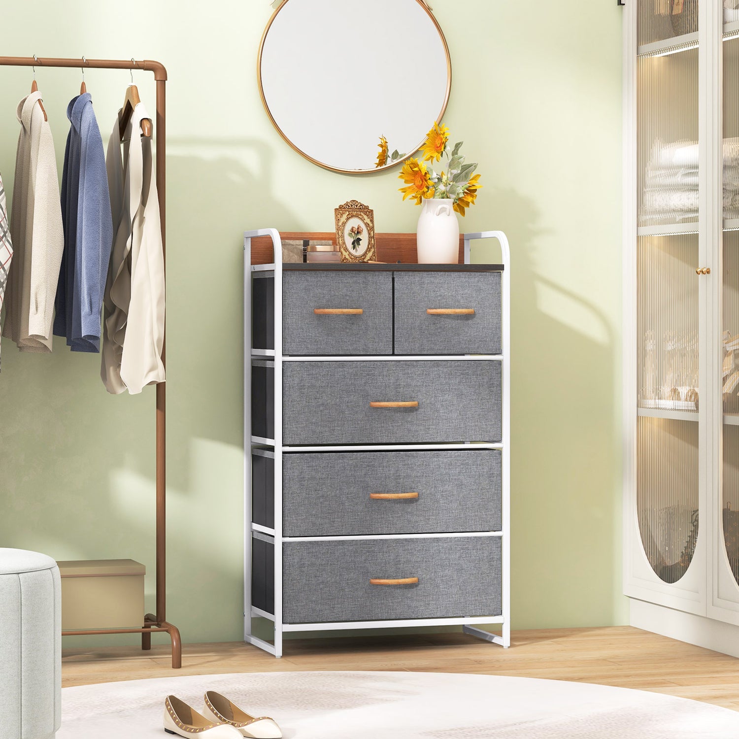 4-Tier Organizer Tower Steel Frame Wooden Top Storage with 5-Drawer Dresser