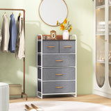 4-Tier Organizer Tower Steel Frame Wooden Top Storage with 5-Drawer Dresser
