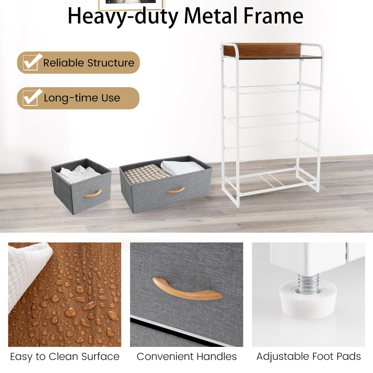 4-Tier Organizer Tower Steel Frame Wooden Top Storage with 5-Drawer Dresser