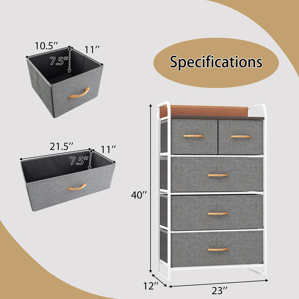 4-Tier Organizer Tower Steel Frame Wooden Top Storage with 5-Drawer Dresser