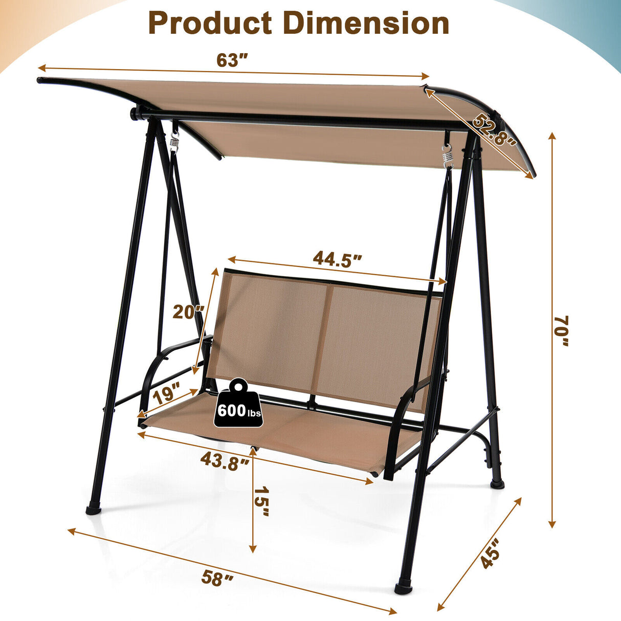 2-Seat Outdoor Canopy Swing with Comfortable Fabric Seat and Heavy-duty Metal Frame