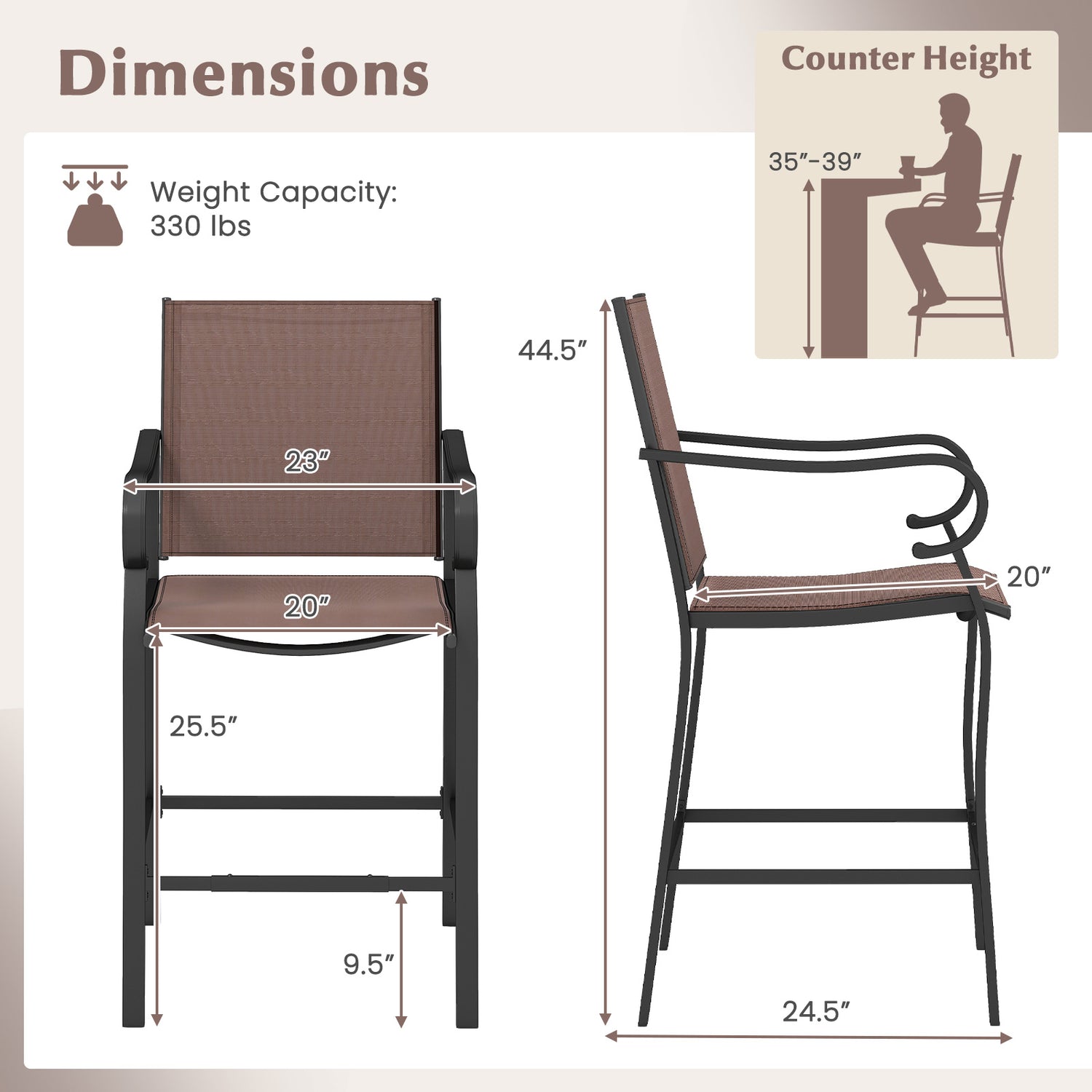 Outdoor Counter Height Bar Stools Set of 2 with Breathable Mesh Fabric